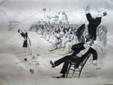 a drawing of a man sitting on a chair in front of a crowd
