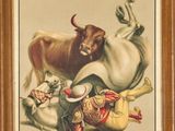 painting of a bull and other animals in a wood frame on a wall