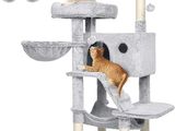 two cats are sitting on the top of a cat tree