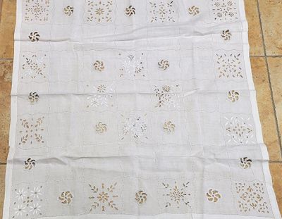 an image of a white table cloth on a tiled floor
