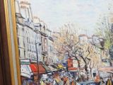 a painting of a city street with people walking down it