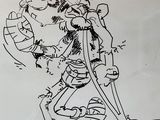 dessin représentant un personnage de bande dessinée avec une béquille sur la tête