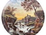 une image représentant un tableau où l'on voit une rivière enjambée par un pont
