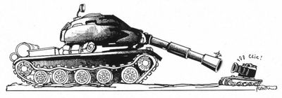 dessin représentant un char d'assaut avec un chat assis dessus et un taureau à l'arrière