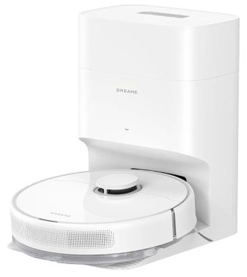 an image of a white robotic vacuum cleaner on a white surface