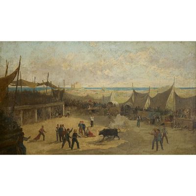 tableau représentant un tableau où l'on voit des gens sur une plage, avec des bateaux et d'autres personnes sur le rivage
