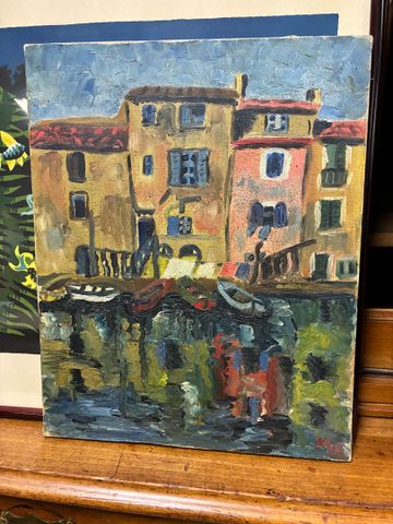 École du 20e siècle. Village et barques. Huile sur toile. Monogra...