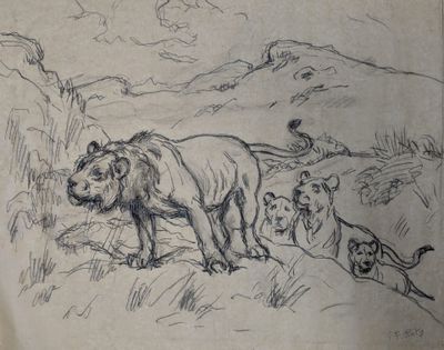 dessin représentant un lion et d'autres animaux dans un champ, avec une montagne en arrière-plan
