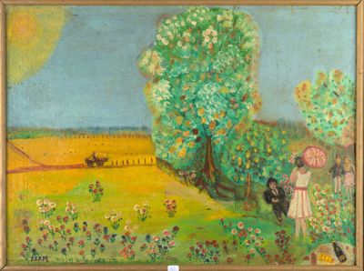 tableau représentant une femme avec un parapluie et un chien dans un champ