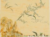 painting of a flock of seagulls flying over a body of water