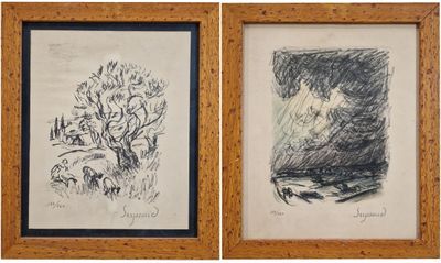 two framed drawings of trees and a river in a wood frame