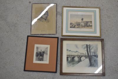 Quatre encadrements dont lithographie d'après Galard "portra…