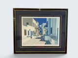 painting of a street scene with buildings and a fountain
