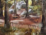 tableau représentant un sentier traversant une zone boisée, avec des arbres au premier plan