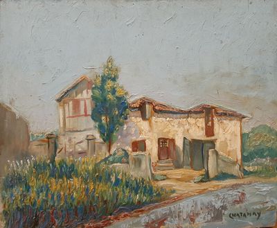 an oil painting of a house in a rural setting