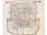 an old map of a city with red lines on it