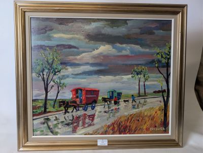 une peinture représentant une calèche sur la route