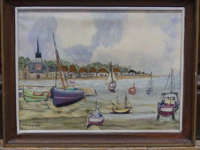 a painting of boats on the water by a building