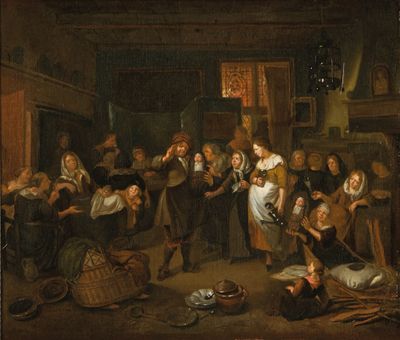 une image d'un tableau représentant un groupe de personnes dans une pièce