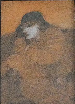 painting of a woman in a black hat with a white face