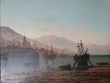 un tableau représentant une scène de port avec des bateaux sur l'eau