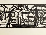 a black and white drawing of a boat in the water
