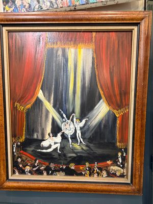 tableau représentant une scène de cirque avec un homme à cheval et une femme à cheval