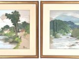 two paintings of a river with trees and a mountain in the background