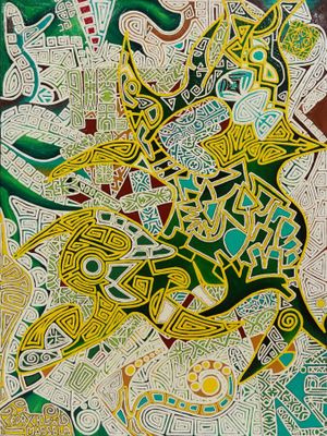une peinture représentant un motif vert et jaune sur fond blanc