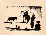 a black and white drawing of a man on a horse and a cow