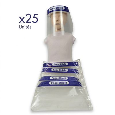 a close up of three bags of face shields on a white background