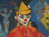 painting of a clown in a red coat and hat with other clowns in the background