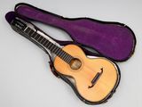 une image représentant une guitare dans un étui violet posée sur une surface blanche