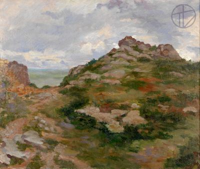 an image of a painting of a rocky landscape with a mountain in the background