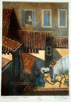 Rachel Ann LE BAS (1923-2020) Hotel backyard Cahors Aquatint…
