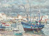 une peinture représentant un bateau dans l'eau avec d'autres bateaux dans l'eau