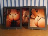 two pictures of a woman in a thongie on a table
