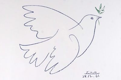 a drawing of a white dove with a green twig in its beak