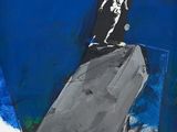 une peinture représentant un squelette assis sur un skateboard