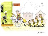 dessin humoristique représentant un groupe d'hommes à cheval devant un bâtiment