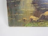 a picture of a painting of a river with sheep in it