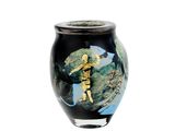 a black vase with a picture of a man on it