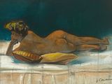 tableau représentant une femme allongée sur un lit avec un oreiller