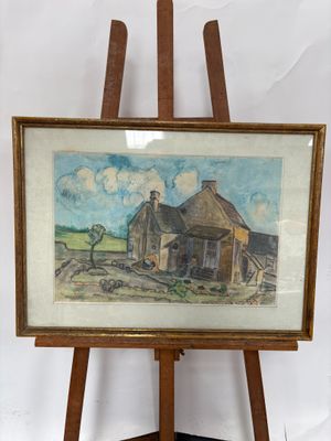 peinture sur chevalet représentant une ferme avec une grange en arrière-plan