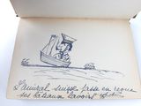an old book with a drawing of a man and a woman in a boat