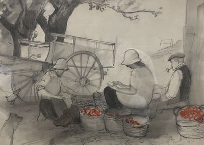 dessin représentant une femme assise par terre à côté de paniers remplis de pommes