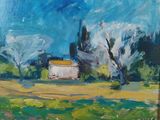 une peinture à l'huile représentant une maison et des arbres dans un champ