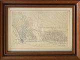 un dessin représentant un paysage avec une maison au loin