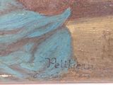 an oil painting of a woman in a blue dress sitting on a bench