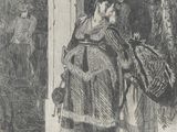 dessin représentant une femme vêtue d'un manteau de fourrure et d'un chapeau, debout devant un portail